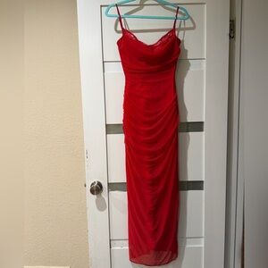House of CB Red Ruched Satin Maxi Dress